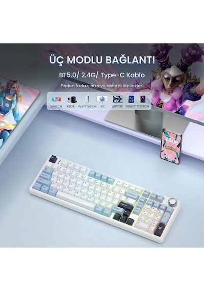 Aula F99 Pro 3 Modlu Rgb Hot Swap Mekanik Star Vector Switch Kablosuz Makrolu Klavye Lacivert