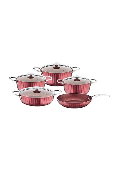 Colonna - 3517 - 9 Parça, Bio Granit, Sağlıklı, Tencere, Tava Seti, Bordo, Platin Detay Bordo