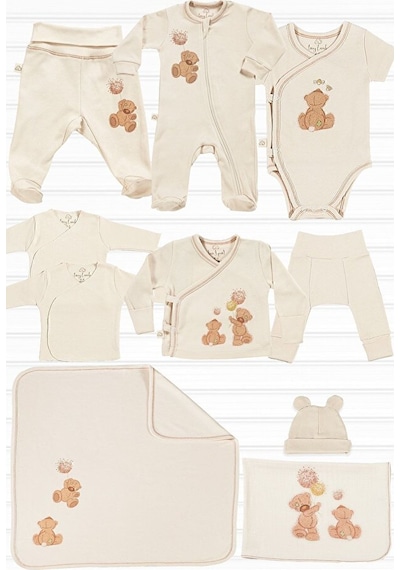 Tinylamb Fluffy Bear Organik Yenidoğan Hastane Çıkış Seti - 10 Parça Krem
