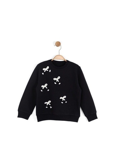 Kız Çocuk Fiyonk İşlemeli Sweatshirt-16134 Siyah