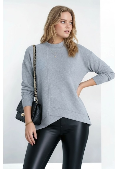 Mamayaga Kadın Yarım Dik Yaka Asimetrik Kesim Uzun Kol Büyük Beden Curve Sweatshirt Gri