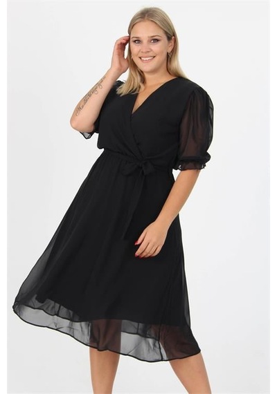 Dip Moda Kadın Astarlı Büyük Beden Şifon Elbise Dpnb8062 Siyah