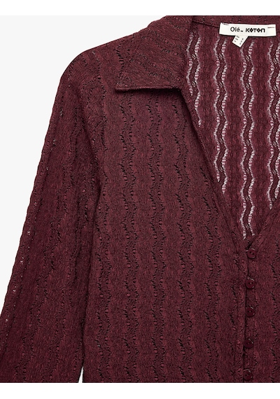 Koton Slim Fit Uzun Kollu Düğmeli Polo Yaka Ajurlu Tişört Bordo 7wal10022ık