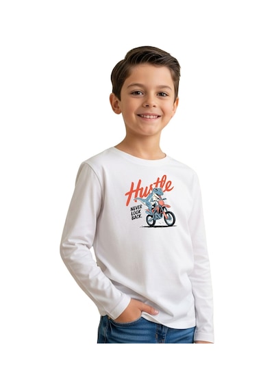 Panios Kids Düz Yuvarlak Yaka Hustle Dino Baskı Detaylı Erkek Çocuk Sweatshirt BEYAZ