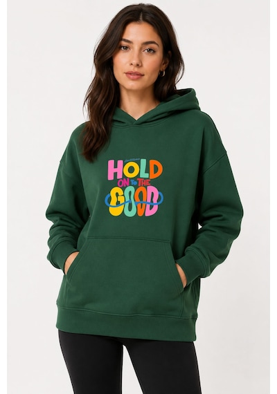 Herkesemoda Hold Good Baskılı Kapüşonlu 2 İplik Şardonlu Sweatshirt Yeşil