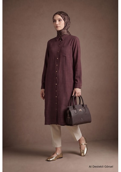 Armine Trend Boydan Düğmeli Cep Detaylı Gömlek Yaka Tunik Bordo 26kt461