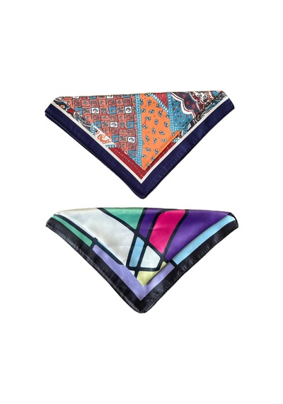 2 Li Saten Bandana Seti Saten Fular Saten Çanta Aksesuarı Özel Desen Bandana 45x50 Cm Gümüş - Gri