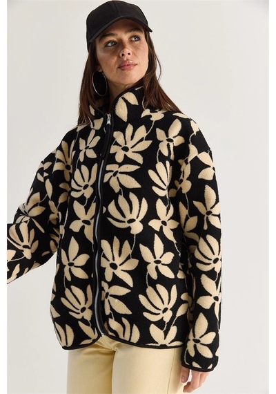 Mevese Desenli Dik Yaka Cepli Biyeli Kadın Polar Sweatshirt- Siyah-krem
