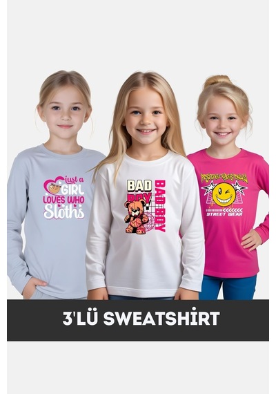 Fyk Kids Kız Çocuk Bisiklet Yaka 3'lü Basic Sweatshirt Çok Renkli