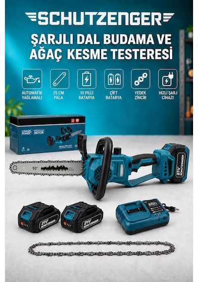 Şarjlı Dal Budama Ağaç Odun Kesme Makinesi Çift Akülü 10 Pilli Batarya 10 Inç Otomatik Yağlama Mavi T10n