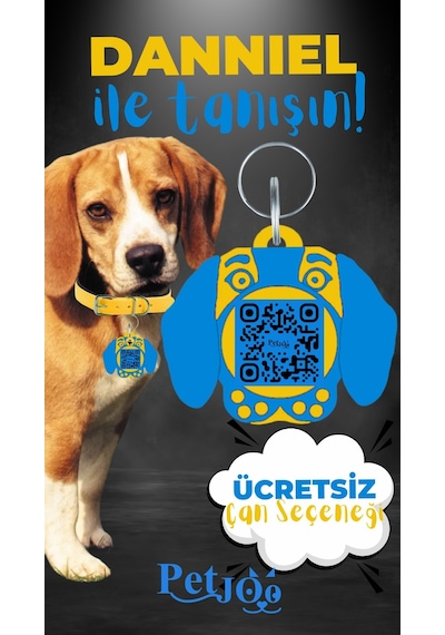 Petjoo 21.Danniel Mavi-Sarı Qr'lı Köpek Künyesi