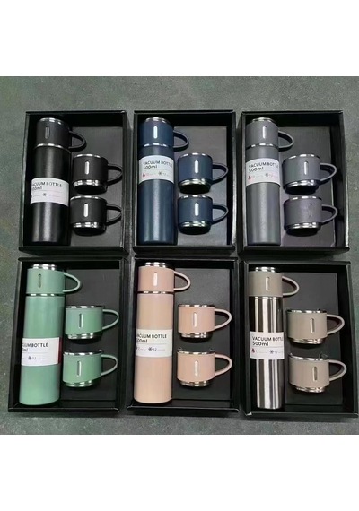 Termos Seti, Paslanmaz Çelik Termos 500ml, 2 Fincan İle, Seyahat Seti, Pembe