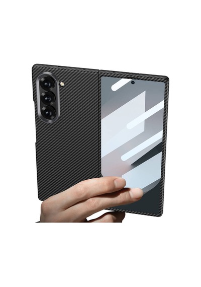 Galaxy Z Fold 6 Kılıf Kamera Korumalı Karbon Fiber Tasarımlı Arka Yüzey Hatreds Kıpta Karbon Kapak