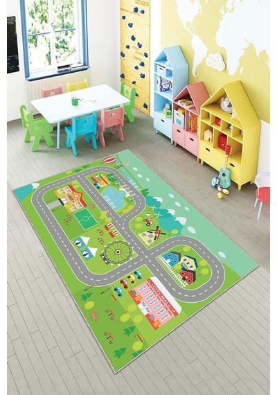 Pelangi Yeşil Araba Yollu Yıkanabilir Kaymaz Taban Leke Tutmazbebek Ve Çocuk Odası Halısı, Yeşil 120 X 160, 90135 Çok Renkli