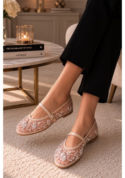 Renklibutik Boncuk Ve Taş İşlemeli Nakışlı - Şık Günlük Babet Wedding Davet Özel Gün Krem