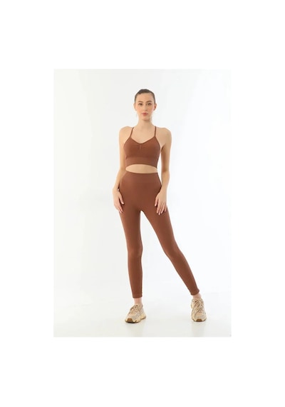 Angbutik Kahve Mı 3921 Soft Seamless Ripli Tayt Yoga Takımı Kahverengi