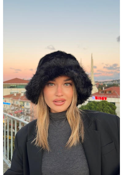 Mollycrush Suni Kürklü Peluş Bucket Kalpak Şapka Luxury Kadın Siyah Rus Slav Tarzı Siyah