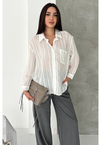 Sim Detaylı Kırışık Görünüm Oversize Gömlek Breeze Beyaz