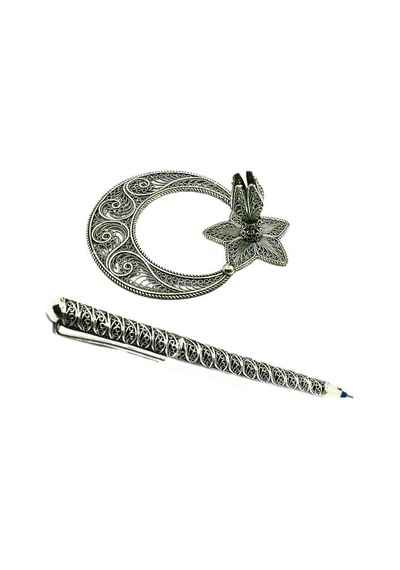 Gümüş Kalem Ayyıldızlı Hediyelik Masalık Telkari Gümüş Kalemlik T