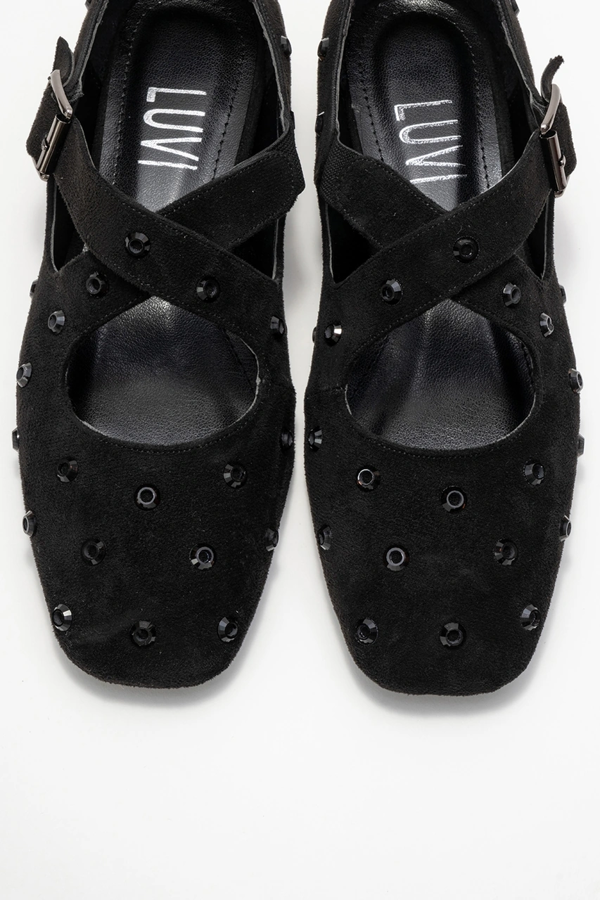 Luvishoes Luvi Shoes Addıson Siyah Süet Taşlı Çapraz Bantlı Kadın Babet Ayakkabı Siyah Süet