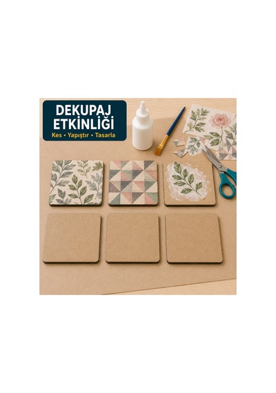 Arliadesign Çukurova Ahşap Lazer Kendin Yap 6 Lı Kare Bardak Altlığı Seti Standlı 12x12 Cm Ham Mdf