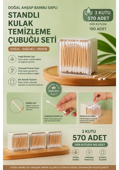 Porsima 3134 Doğal Ahşap Bambu Saplı Standlı 3lü Kulak Temizleme Çubuğu Seti- 570 Adet