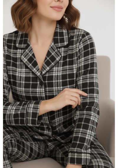 Luxury Viscose Siyah Beyaz Ekose Desenli Kadın Uzun Kollu Pijama Takımı 42575 Gümüş