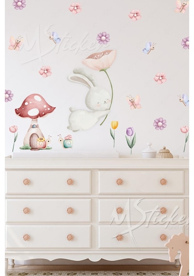 MSticker Sevimli Tavşan Ve Arkadaşları - Bahar Temalı Eğlenceli Çocuk Bebek Odası Sticker Seti