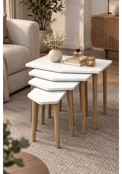 Sulorahome 4'lü Beyaz Zigon Sehpa Seti Ahşap Ayaklı