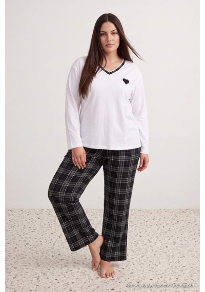 Laperissa Curve Siyah %100 Pamuklu Kalpli Ekoseli Örme Büyük Beden Pijama Takımı