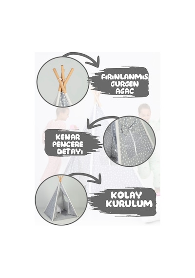 Çocuk Kızılderili Ahşap Direkli Geniş Oyun Çadırı Ve Minderli Ev & Bahçe Oyun Alanı Minderli 001