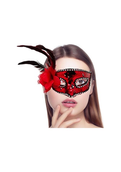 Mey İthalat Kırmızı Renk Yandan Tüylü Güllü Gümüş Taşlı Pullu Maske 20x22 Cm