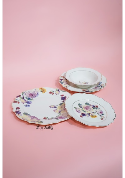 Rose Deluxe New Bone 24 Parça Yemek Takımı Sofra Sunum Seti Beyaz - Pembe