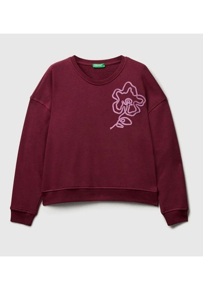 Diagonel Kumaş Çiçek İşlemeli Sweatshirt Gülkurusu Bordo