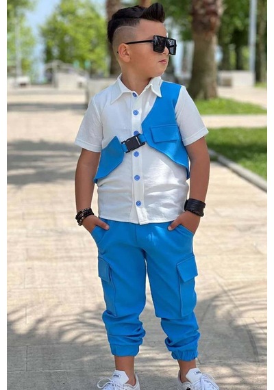 Riccotarz Erkek Çocuk Gabardin Gömlek Ve Kemerli Yelek Kargo Cepli Pantolon Mavi Alt Üst Takım Mavi Riccotarz Erkek Çocuk Gabardin Gömlek Ve Kemerli Yelek Kargo Cepli Pantolon Mavi Alt Üst Takım Mavi