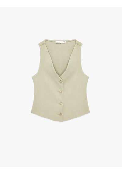 Koton Bürümcük Kumaş Slim Fit V Yaka Düğmeli Yelek Ada Çayı 6sak30016uk Açık Yeşil
