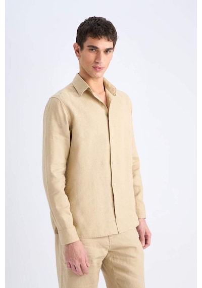 DeFacto %100 Keten Regular Fit Polo Yaka Yazlık Uzun Kollu Gömlek D9925AX25SPBG732