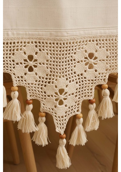 Dantel İşlemeli Boncuklu Runner 50x130 Cm Krem