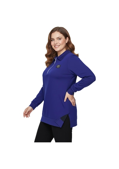Caftan Kadın Polo Yakalı Önü Fermuarlı Bluz Bgl-st05088 İndigo