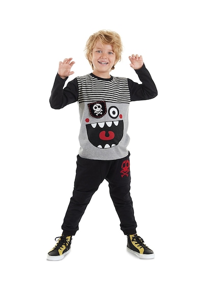 Denokids Çizgili Korsan Erkek Çocuk Gri T-shirt Siyah Pantolon Takım Gri - Siyah