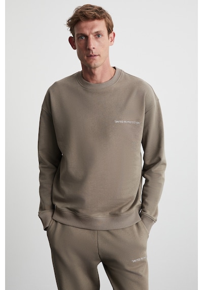 Grimelange Raırok Erkek Içi Polarlı Comfort Oversize Nakışlı Vizon Sweatshirt