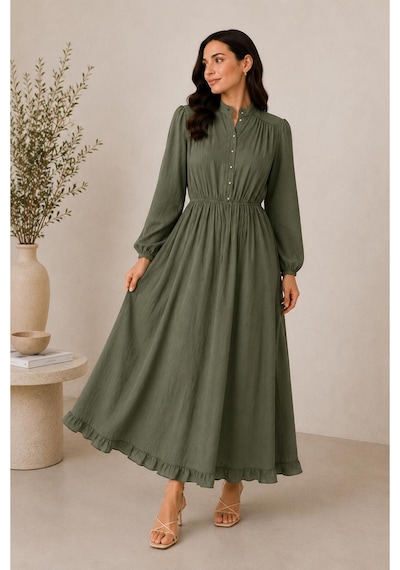 Hira Life Fashion Kadın Çilek Kumaş Ve Önü Düğmeli Eteği Fırfırlı Hakim Yaka Elbise Haki Haki Hira Life Fashion Kadın Çilek Kumaş Ve Önü Düğmeli Eteği Fırfırlı Hakim Yaka Elbise Haki Haki