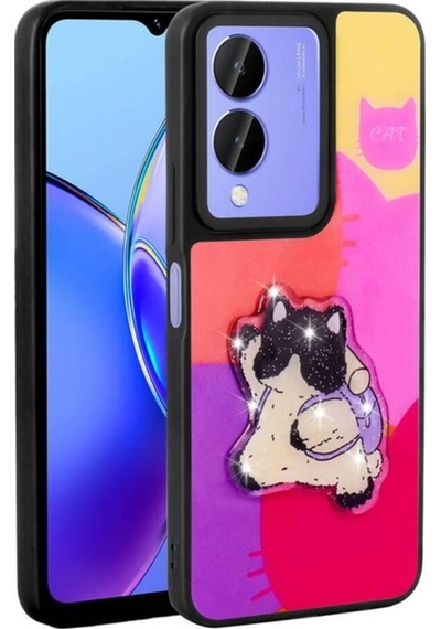 Vivo Y17s Kılıf Parlayan Kabartmalı İkonik Figürlü Zore Amas Silikon Kapak Mor
