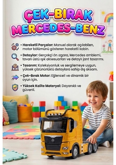 Mercedes Actroc Çek-bırak Mekanizmalı Metal Gerçekçi Tasarımlı Devrilebilir Kabinli Oyuncak Tır Sarı