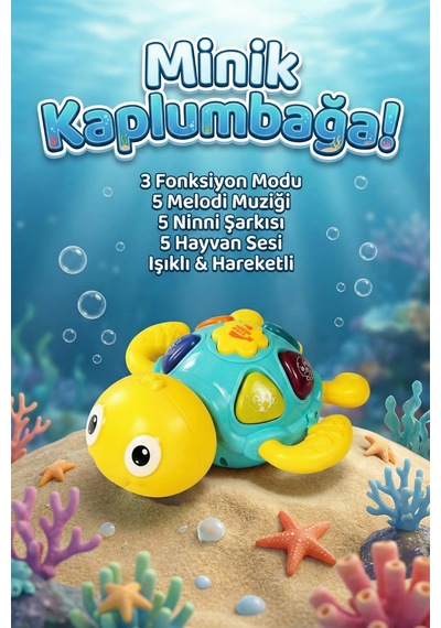 Mavi-sarı Renkli Mini Kaplumbağa Bebek Aktivite Aksesuarı - Devinimli Eğitici, Ledli Melodili Yenidoğan Hediyelik 6 Ay+