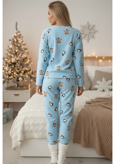 Siyah İnci Polar Kışlık Örme Pijama Takım 25222107 mavi