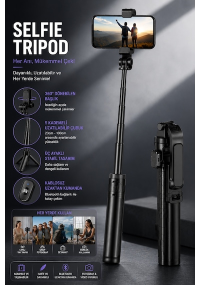 Mi 17 Pro Max Uyumlu Bluetooth Kumandalı Uzatılabilir 360 Döner Selfie Çubuğu Tripod