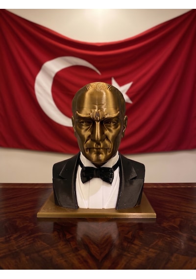 Riva Self Atatürk Büstü Özel Tasarım Gold Siyah Smokinli Biblo Heykel 3d - 10 Cm