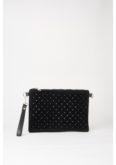 Vivaq Kadın Kapitone Siyah Taşlı Süet Bilek Askılı Ve Zincir Askılı Portföy El Ve Clutch Çanta SİYAH