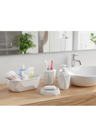 Geometrik Tasarımlı 4 Lü Banyo Seti Sabunluk Diş Fırçalık, Sıvı Sabunluk Sepet Beyaz